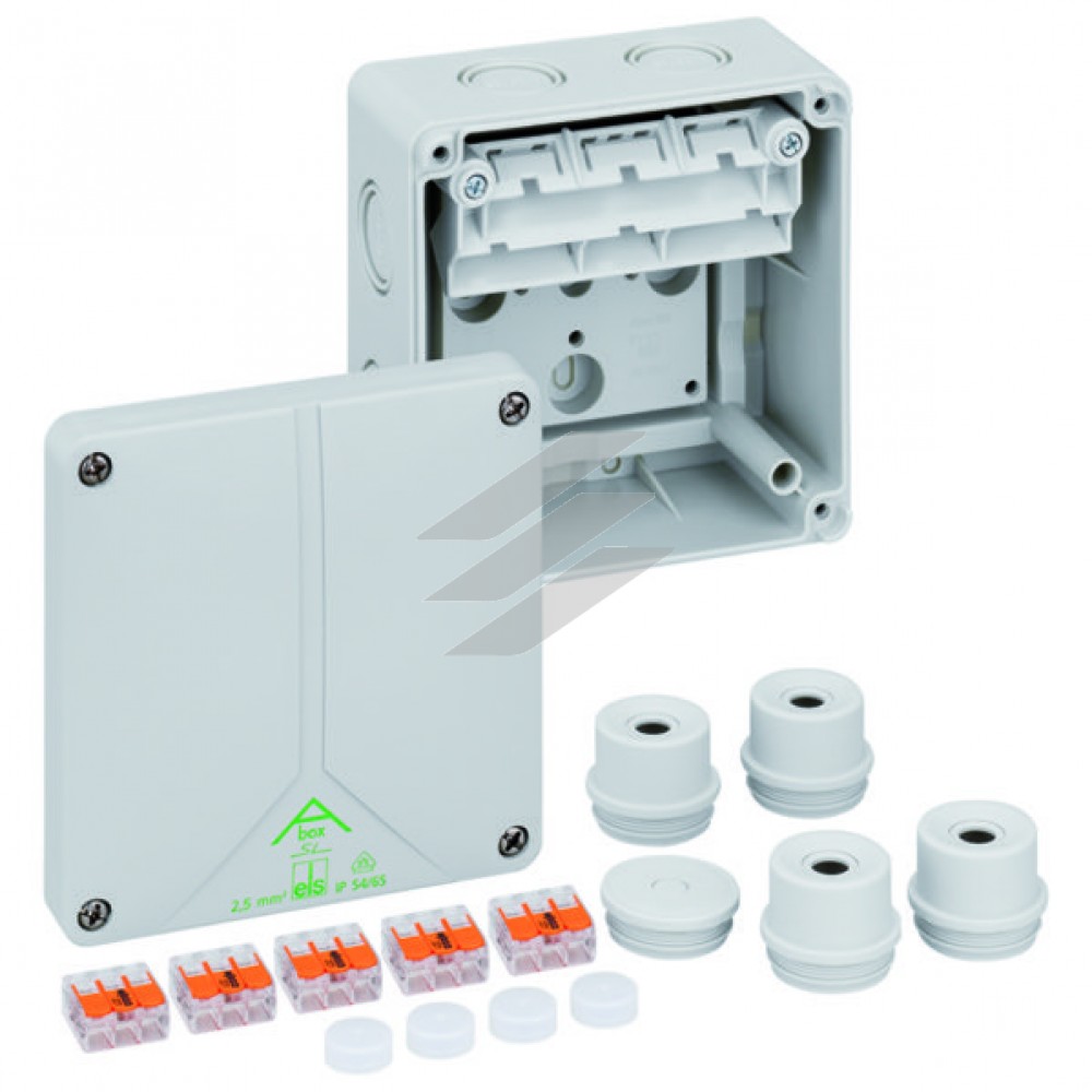 Розподільча коробка Abox SL-2,5² (110x110x67), пружин. клема 5х2,5мм² (3х0,08-2,5мм² для кожного пол.), полістирол, метрич. введеня-9 місць (7-М20/М32, 2-М16 на днищі), IP65, Spelsberg